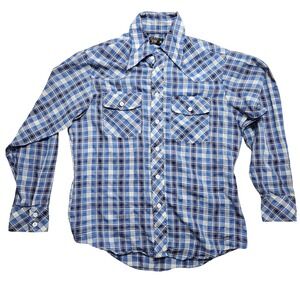 Vintage Towncraft JCPenney Blue Plaid Western Tapered Button‎ Up Shirt Mens M *